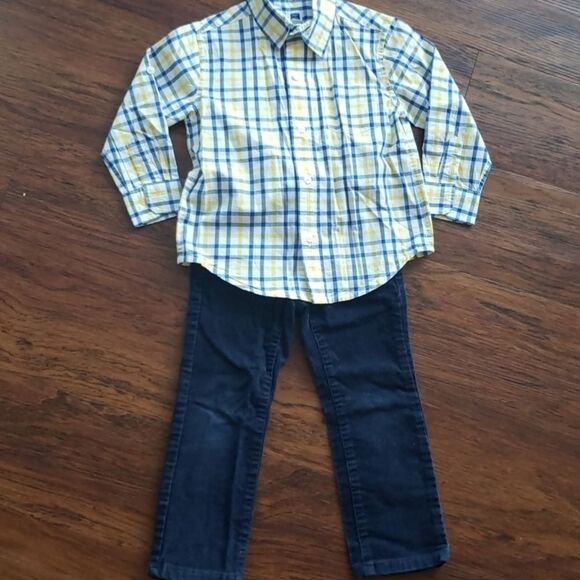 Janie and Jack Preppy Blue Yellow Plaid Dress Shirt Corduroy Pants Set Size 2/3 - Picture 1 of 8